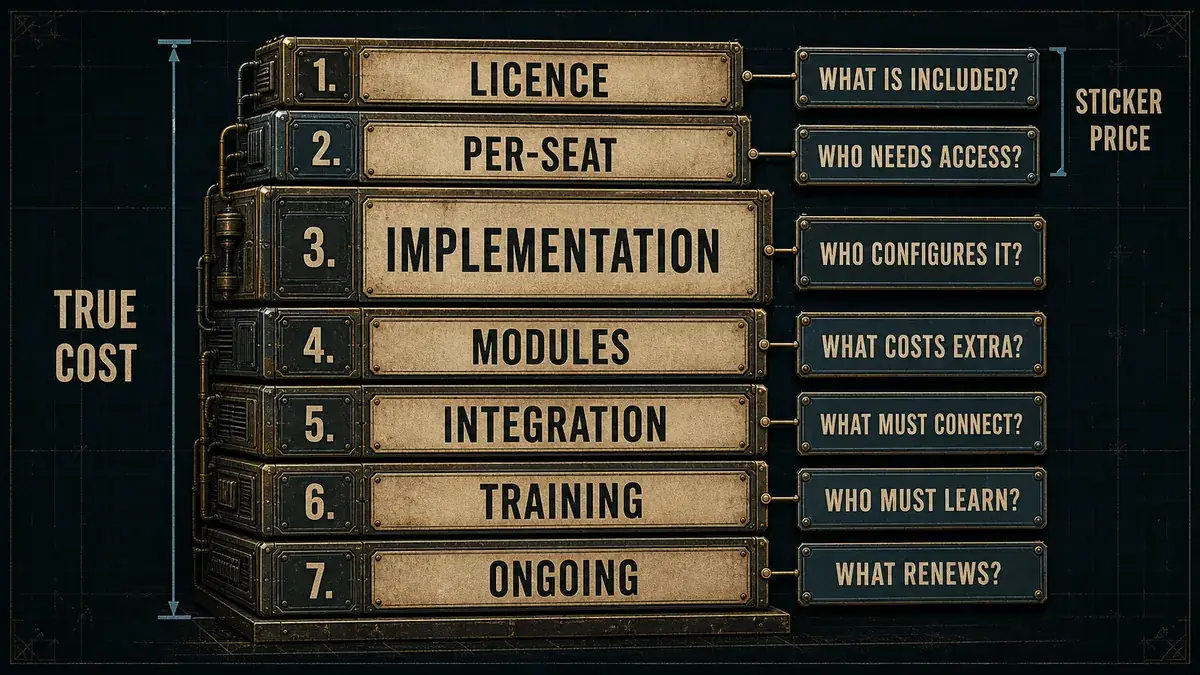 True Cost Stack diagram showing license, per-seat, implementation, module, integration, training, and ongoing manufacturing software costs
