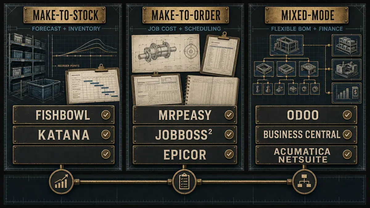 Diagram matching make-to-stock, make-to-order, and mixed-mode production models to best-fit manufacturing ERP systems