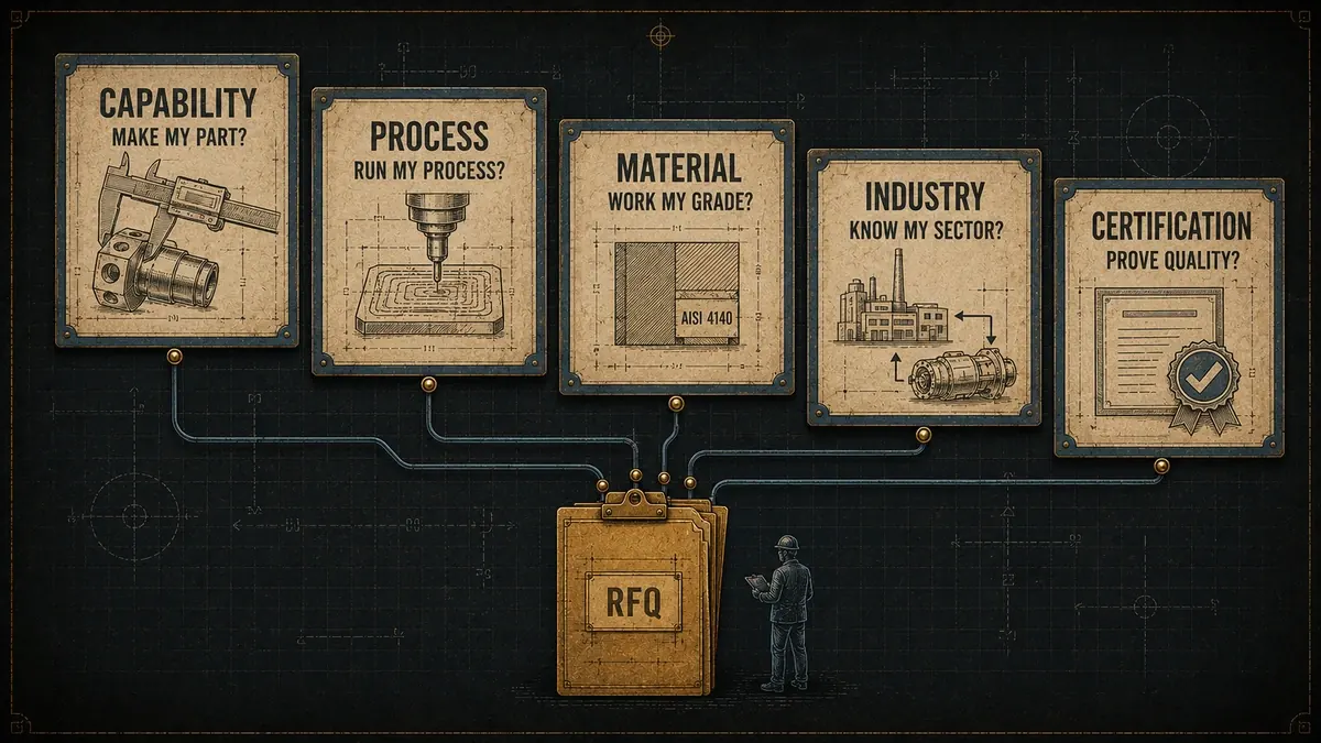 The RFQ-Ready Page Stack showing capability, process, material, industry, and certification pages leading to a qualified RFQ