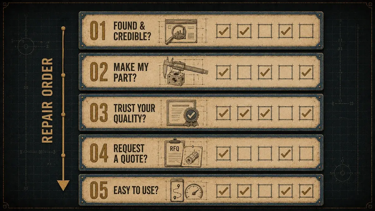 The RFQ-Ready Website Checklist showing capability, proof, specifications, trust, and RFQ action layers leading to a qualified RFQ