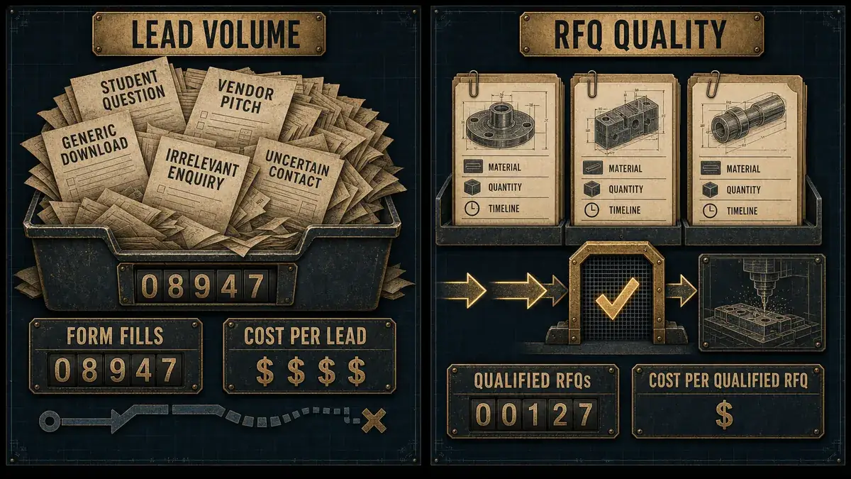 Diagram contrasting lead volume with RFQ quality in manufacturing lead generation