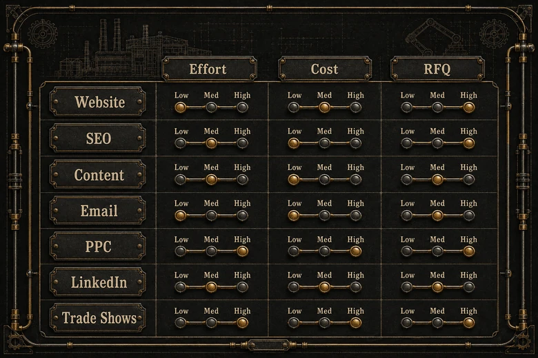 Comparison of digital marketing channels for manufacturers by effort, cost, and RFQ potential