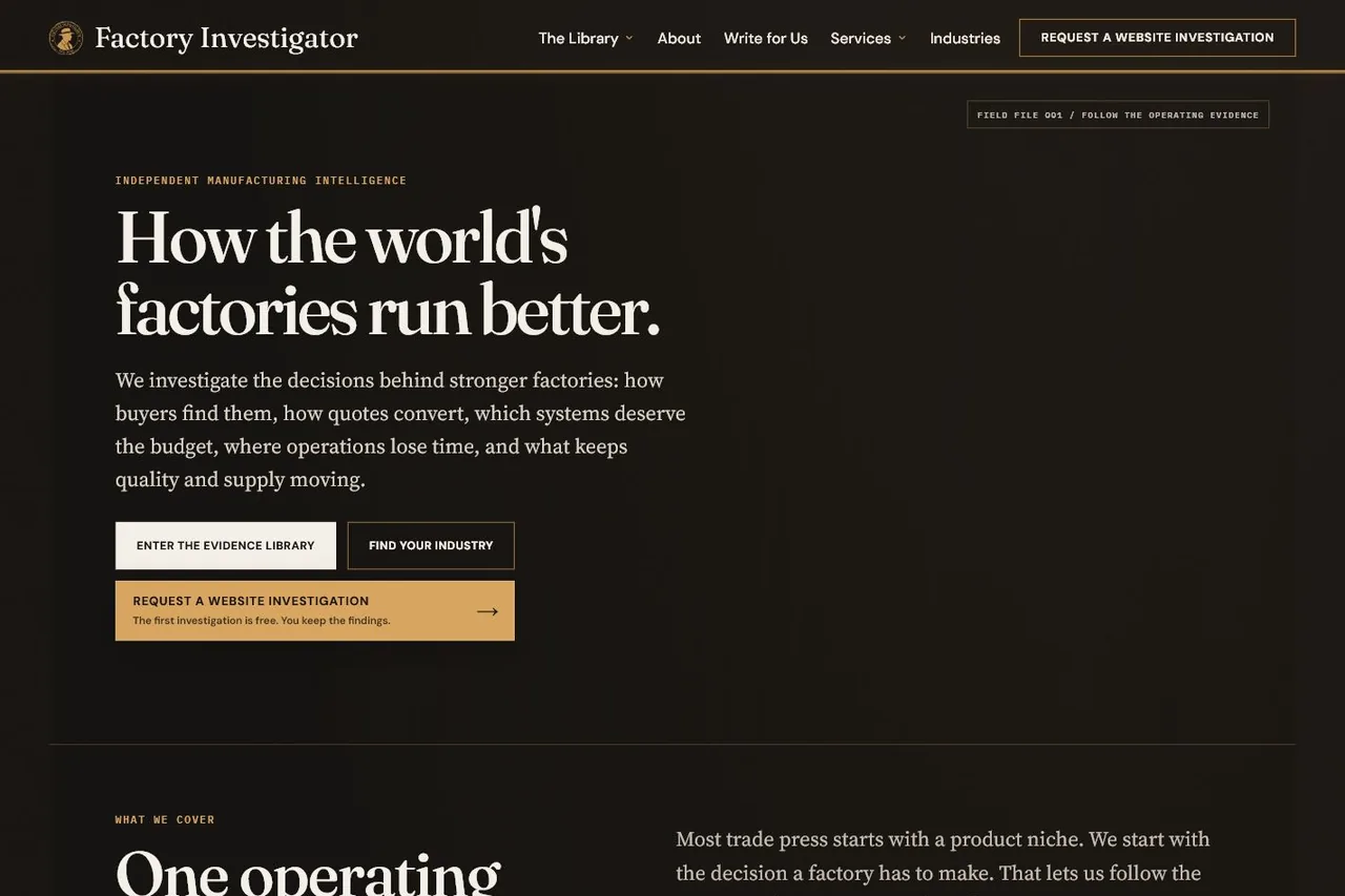 The Factory Dossier homepage and navigation, publicly captured on 29 July 2026.