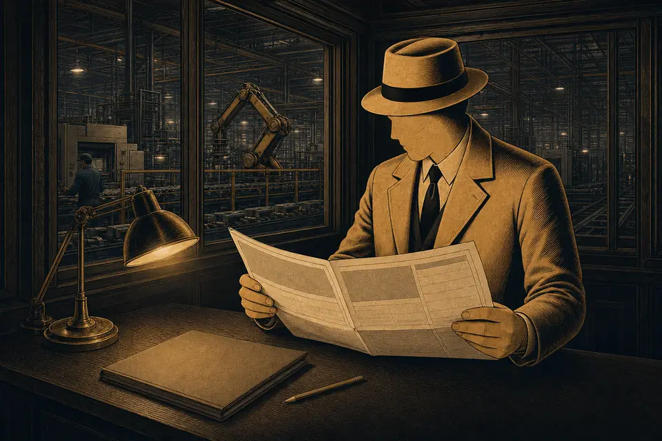 The Factory Dossier newsroom reading the manufacturing dispatch beside a working factory floor.