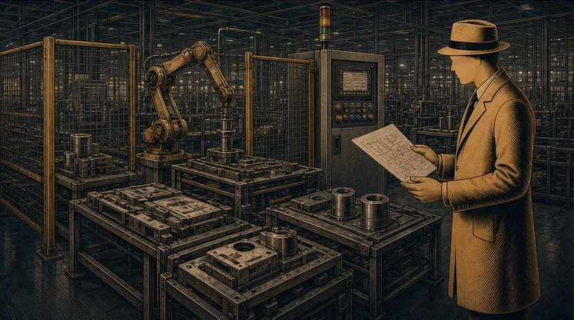 The Factory Dossier examining evidence at a guarded industrial automation cell