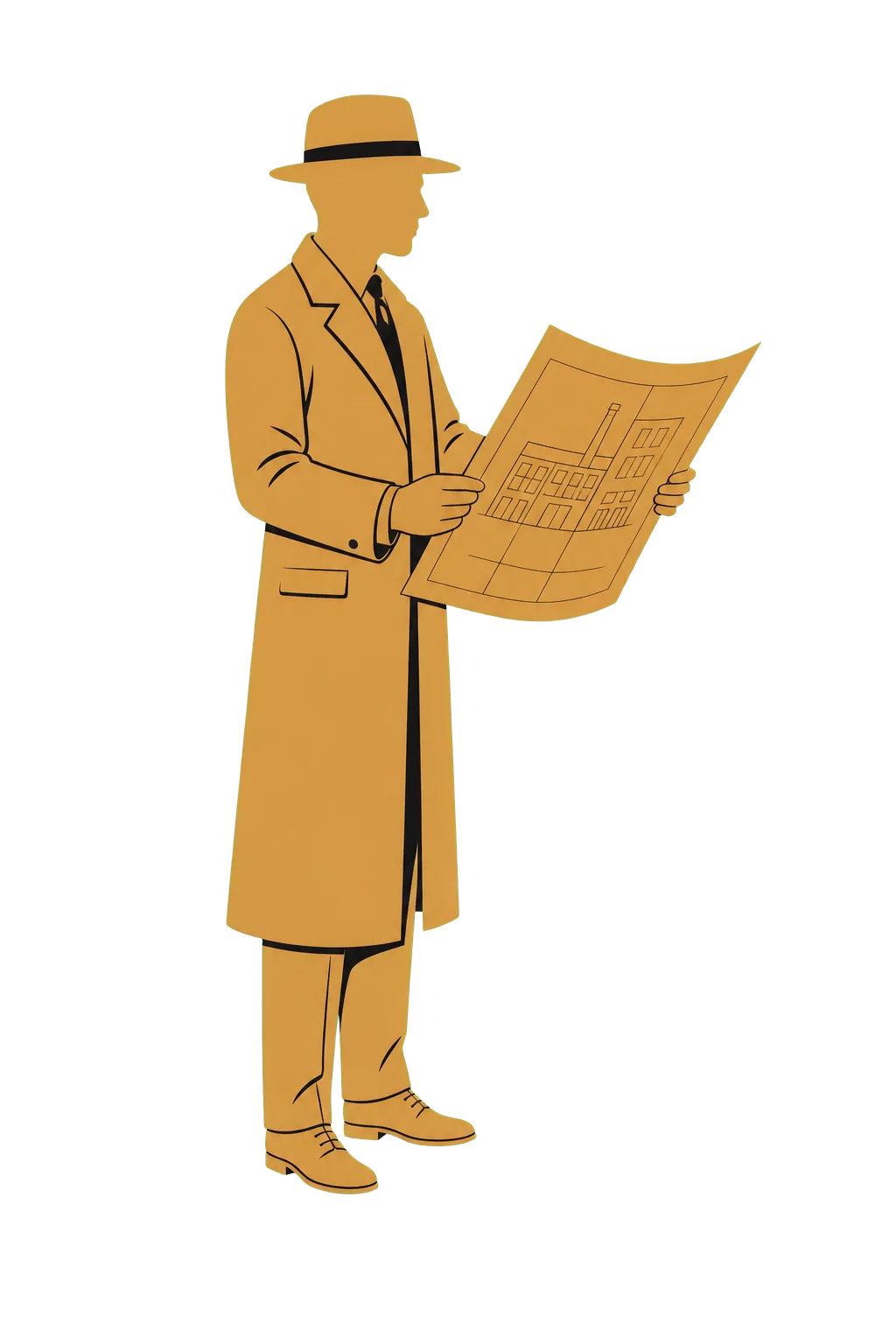 The Factory Dossier in a fedora and long coat examining a factory blueprint