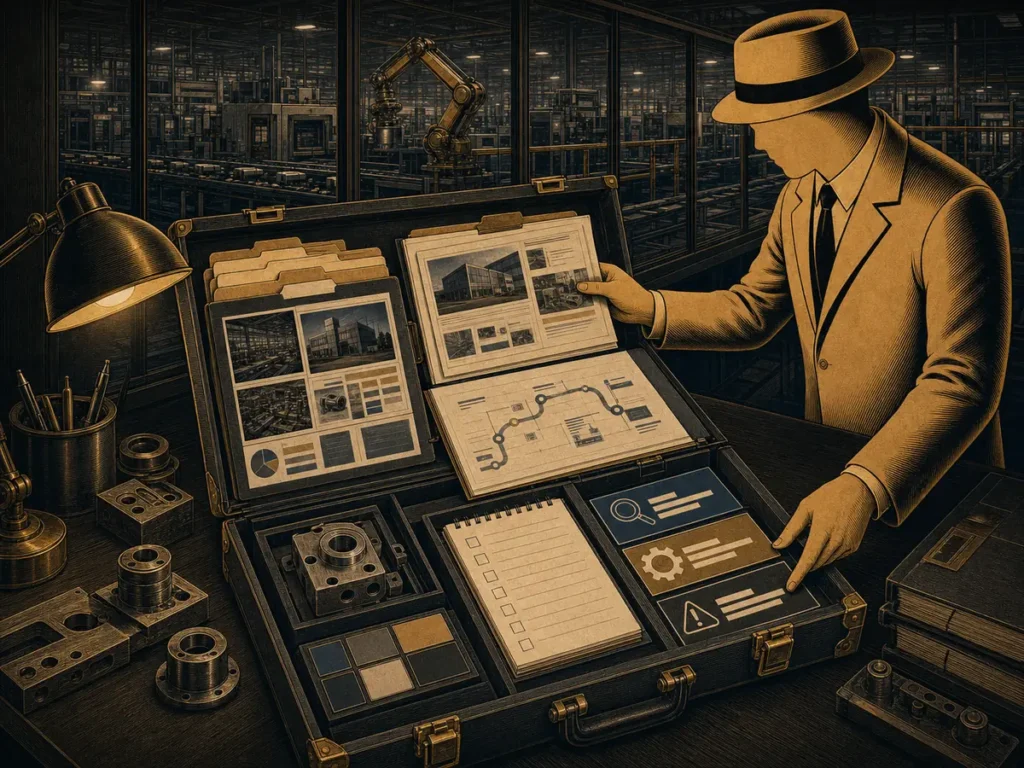 An open evidence case holding the findings from a manufacturer website review on the Factory Dossier’s desk.