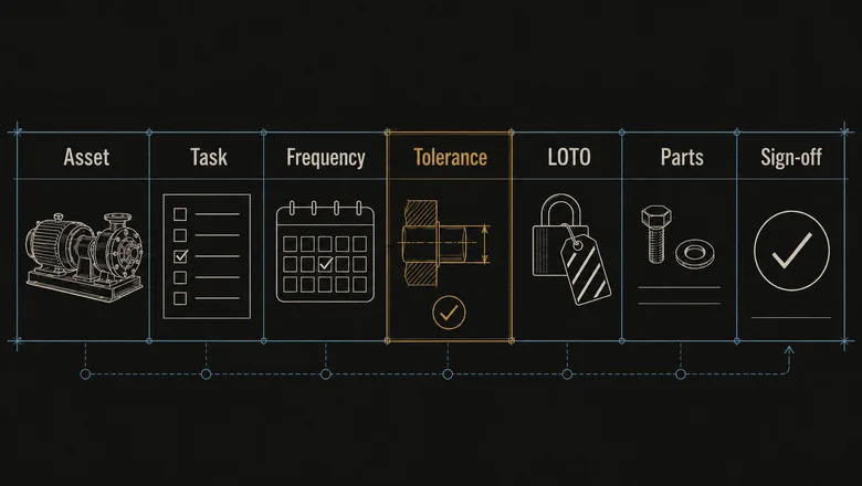 Anatomy of one preventive maintenance checklist line showing asset, task, frequency, tolerance, lockout, parts, and sign-off fields