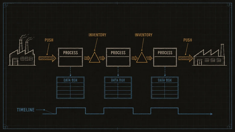 Anatomy of a current-state value stream map showing process boxes, data boxes, inventory triangles, push arrows, and the lead-time ladder