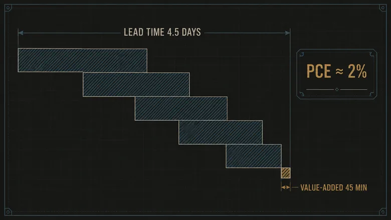 Value stream mapping lead-time ladder comparing 45 minutes of value-added time against 4.5 days of lead time and process cycle efficiency